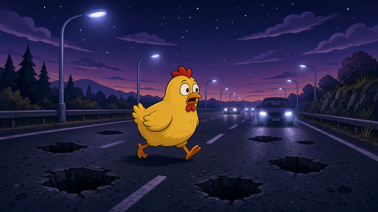 Ilustración de un pollo cruzando una carretera peligrosa estilo cartoon